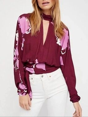Free People Burgundy and Pink Floral Keyhole Tie-Waist Blouse